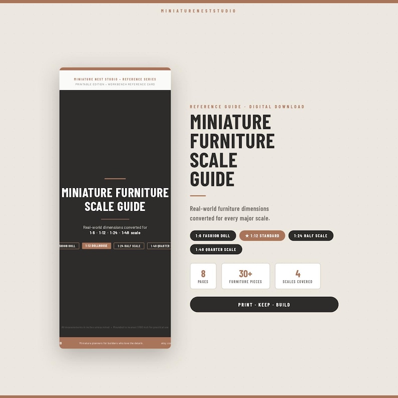 May include: A digital download reference guide titled Miniature Furniture Scale Guide. The document features text detailing scales including 1:6, 1:12, 1:24, and 1:48, with sections for 8 pages, 30+ furniture pieces, and 4 scales covered, printed in black and white.