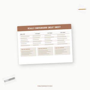 May include: A rectangular scale conversion cheat sheet with a brown header and white background. The chart includes columns for real size, 1:6 scale, 1:12 scale, and 1:24 scale, with three boxes labeled furniture dimensions. A pencil and ruler are visible.