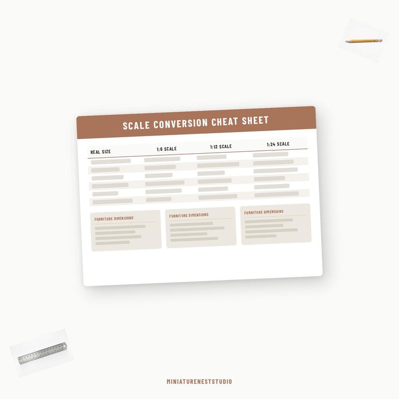 May include: A rectangular scale conversion cheat sheet with a brown header and white background. The chart includes columns for real size, 1:6 scale, 1:12 scale, and 1:24 scale, with three boxes labeled furniture dimensions. A pencil and ruler are visible.