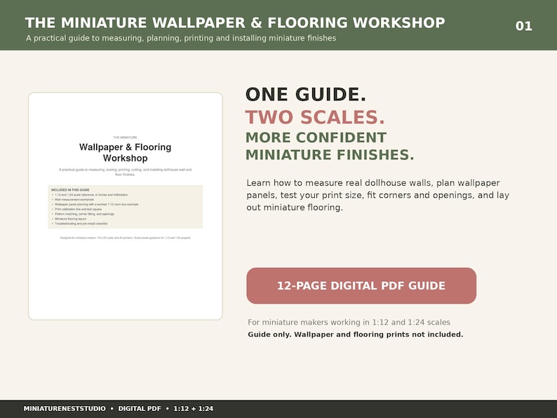 Dollhouse Wallpaper & Flooring Guide PDF, 1 12 and 1 24 Scale Miniature How-To, Printable Room Box Worksheets, Print Calibration Test image 1