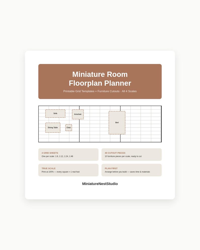 May include: A Miniature Room Floorplan Planner document featuring printable grid templates and furniture cutouts. The page includes text labels for sofa, armchair, dining table, chair, and bed, along with instructions for 4 scales and 40 cutout pieces, branded as MiniatureNestStudio.
