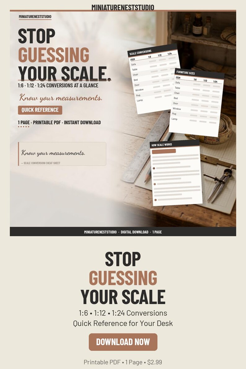 May include: A printable PDF scale conversion cheat sheet titled STOP GUESSING YOUR SCALE. The document features tables for 1:6, 1:12, and 1:24 scale conversions, furniture sizes, and a how scale works guide, presented as a digital download for miniature hobbyists.