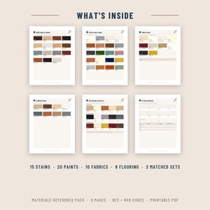 Puede incluir: Un paquete de referencia de materiales con seis p&aacute;ginas de muestras de color para tintes de madera, pinturas acr&iacute;licas, telas y suelos. Incluye c&oacute;digos hex y RGB, 15 tintes, 20 pinturas, 10 telas, 8 suelos y 3 conjuntos combinados en PDF imprimible.