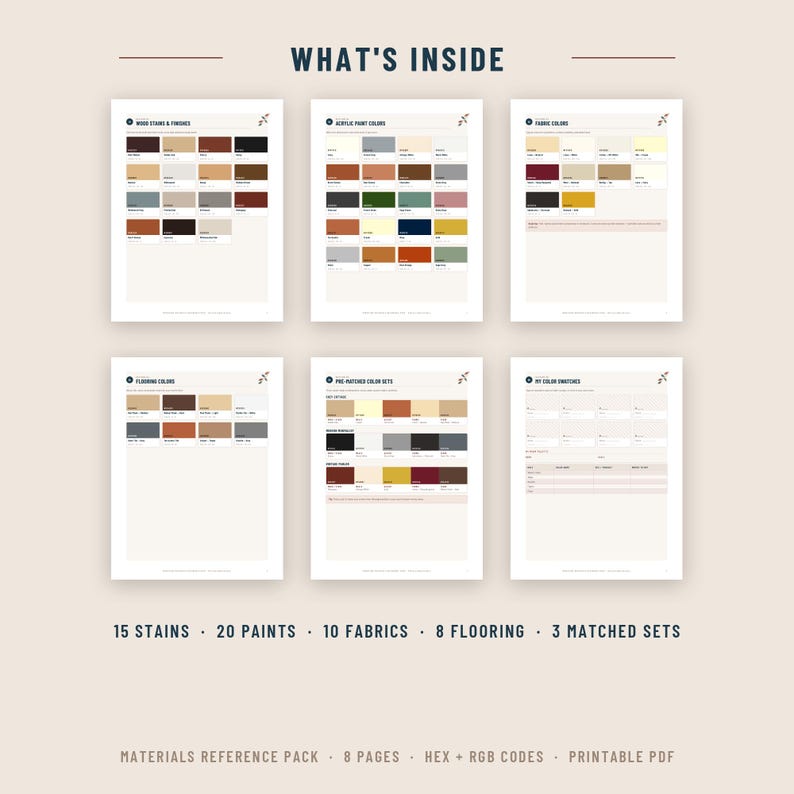 Puede incluir: Un paquete de referencia de materiales con seis p&aacute;ginas de muestras de color para tintes de madera, pinturas acr&iacute;licas, telas y suelos. Incluye c&oacute;digos hex y RGB, 15 tintes, 20 pinturas, 10 telas, 8 suelos y 3 conjuntos combinados en PDF imprimible.