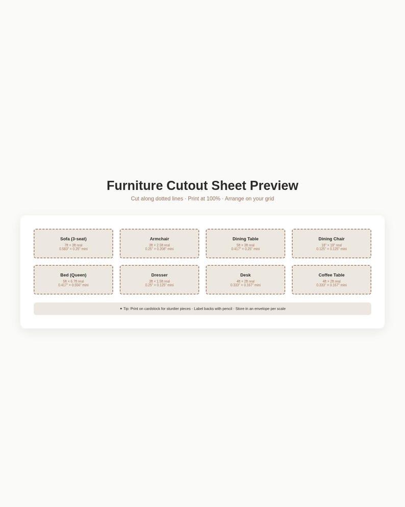 May include: A Furniture Cutout Sheet Preview with eight rectangular sections featuring dotted lines for cutting. Each section lists furniture names like Sofa, Armchair, Dining Table, Dining Chair, Bed, Dresser, Desk, and Coffee Table with dimensions in inches.