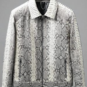 Men’s Snakeskin Biker Jacket, Gray Python Print, Luxury Rocker Moto Streetwear Coat