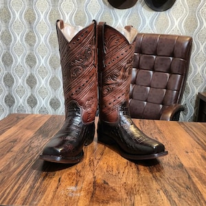 Heren western cowboylaarzen, leren schoenen met krokodillenprint, vintage westernkleding