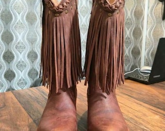 Fringe Cowboy Boots, Brown Leather Western Footwear, Boho Festival Style Shoes