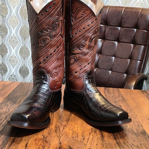 Heren western cowboylaarzen, leren schoenen met krokodillenprint, vintage westernkleding