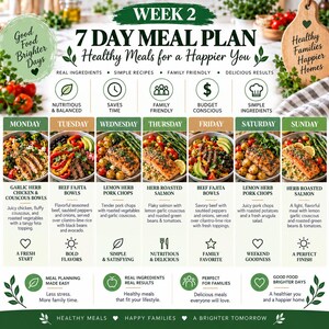 May include: A Week 2 7-Day Meal Plan infographic featuring healthy meals for each day of the week. The chart includes daily food photos, descriptions of dishes like beef fajita bowls and herb roasted salmon, and icons for nutritional benefits.