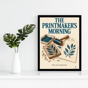 May include: A framed print titled THE PRINTMAKER'S MORNING featuring a blue ink tray, a wooden brayer, a carved leaf block, and a printed leaf design on paper. The text reads THE PRINTMAKER'S MORNING and One more impression.