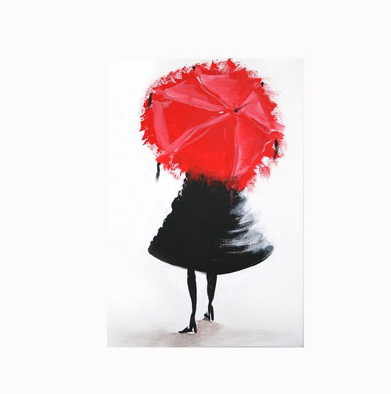 Items similar to Abstract girl with red umbrella acrylic painting print