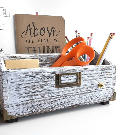 Distressed White Wooden Desk Organizer With Gold Clock Etsy