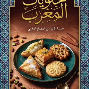 May include: A book cover titled "حلويا ت المغرب" featuring a teal plate with assorted Moroccan pastries, including baklava, triangular pastries, and round cookies, surrounded by scattered almonds, pistachios, and cinnamon sticks with a gold spoon.