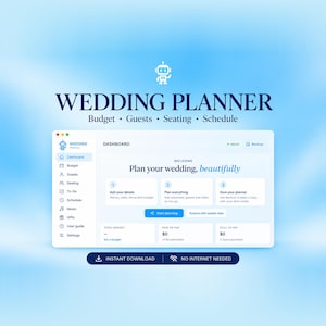Puede incluir: Una interfaz de panel de control para organizador de bodas con un icono de robot, el texto WEDDING PLANNER y secciones para Budget, Guests, Seating y Schedule. La pantalla muestra un mensaje de bienvenida y resúmenes financieros.