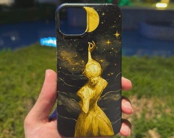 Funda para teléfono Mujer Celestial, diseño de luna y estrellas doradas, cubierta de arte fantástico negro