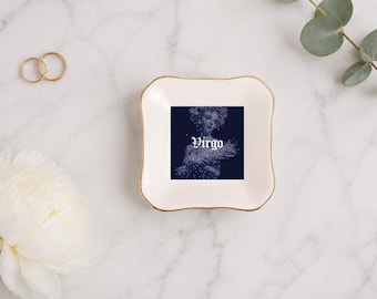 Portagioie in ceramica gotica con bordo dorato e anello del segno zodiacale Vergine.