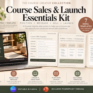 Pode incluir: Um kit digital Course Sales & Launch Essentials com 32 páginas totalmente editáveis no Canva e 7 modelos de e-mail. O kit inclui documentos de estratégia, layouts de páginas de vendas e listas de verificação para planejar e lançar.