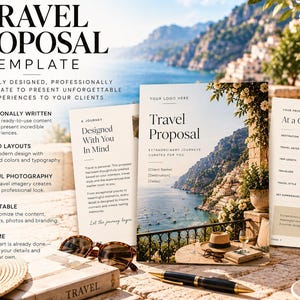 Könnte beinhalten: Ein Reisevorschlag-Vorlagenset mit einem Titelbild einer Küstenlandschaft, Textabschnitten für Kundendaten, Reisedaten und Reisestil sowie Überschriften wie Travel Proposal, Designed With You In Mind und At a Glance.
