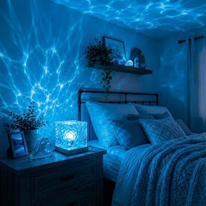 Può includere: Una lampada da tavolo quadrata con un paralume in vetro cristallino testurizzato che emette una luce blu brillante, proiettando motivi ondulati simili all'acqua sulle pareti e sul soffitto di una camera da letto, poggiata su un comodino.