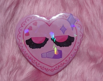 Kawaii Holographic Y2K Heart Make up False Lash Scallop Pink Button Badge 5.5cm x 5cm 2" A grade