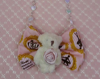 Kawaii Lolita Fashion Pink Ballerina Cream Teddy Bear Pink Rose Bow White Heart beads Silver Colour Chain Necklace
