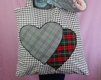 Remake Clash Print Houndstooth Tartan Check Double Heart Oversized Kawaii Super Shopper Tote Bag Upcycled
