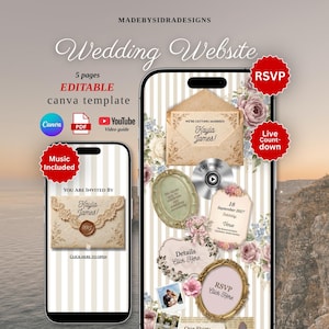 Editable Floral Wedding Website Template, Sage Tones, RSVP Function (Canva)