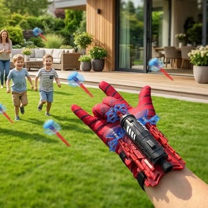 May include: A red and black patterned glove with a black mechanical wrist-mounted launcher that shoots small blue and red plastic projectiles. The device features a web-like design on the fingers and a sturdy frame for launching toys.