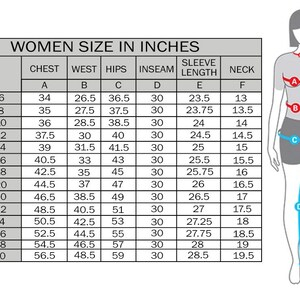 May include: A size chart titled WOMEN SIZE IN INCHES with a table listing sizes from small to 4XL, including measurements for chest, waist, hips, inseam, sleeve length, and neck. A diagram of a figure shows measurement points labeled A through F.