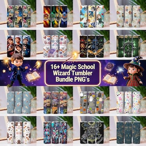 May include: A digital collection of 16+ Magic School Wizard Tumbler PNG designs featuring various fantasy-themed illustrations, character graphics, and magical patterns displayed on cylindrical containers for sublimation printing projects.