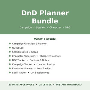 DnD-planeringspaket, kampanjplanerare, sessionsanteckningar, karaktärsblad, NPC-spårare, DM-planerare, utskrivbar PDF
