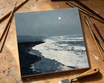 Oljemålning med månskenshav, fullmånelandskap, original canvasväggkonst, litet inramat konstverk, litet inramat konstverk för natthimlen