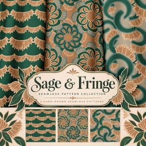 Sage Green Seamless Patterns Bundle, Boho Western Floral and Abstract Digital Download, 3 Hand Drawn Patterns PNG, 300 DPI