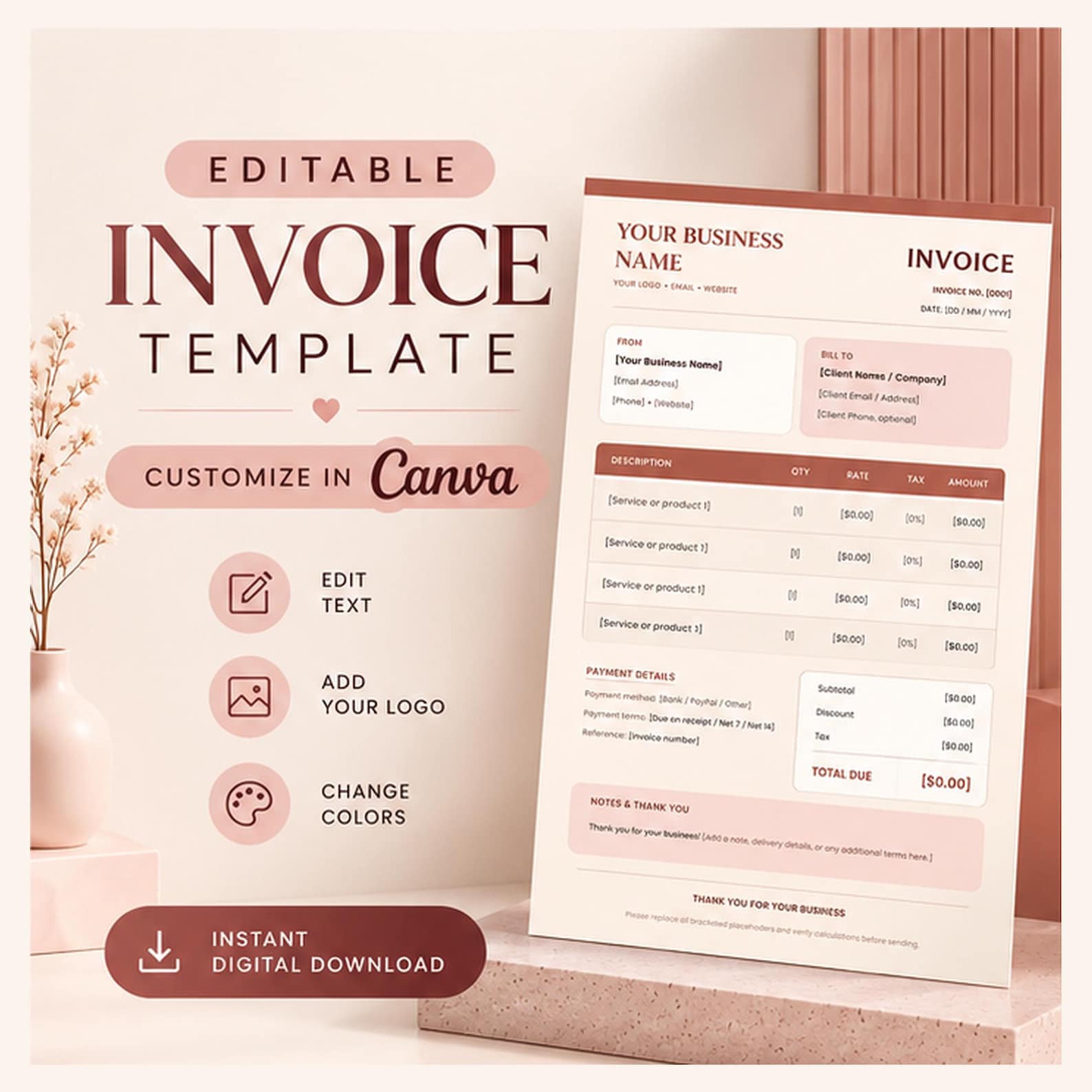 Invoice Canva Template, Editable Business Invoice Form, Printable ...