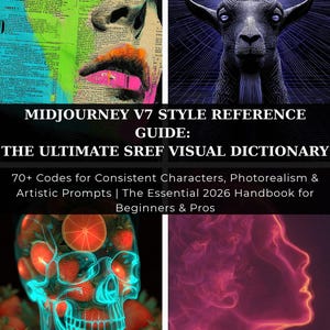 May include: A digital guide titled MIDJOURNEY V7 STYLE REFERENCE GUIDE: THE ULTIMATE SREF VISUAL DICTIONARY, 70+ Codes for Consistent Characters, Photorealism & Artistic Prompts | The Essential 2026 Handbook for Beginners & Pros, featuring four distinct images.