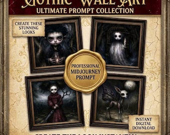 May include: A digital collection titled Gothic Wall Art Ultimate Prompt Collection featuring four framed dark illustrations. Text includes Create These Stunning Looks, Professional Midjourney Prompt, and Instant Digital Download. Create The Look Instantly.