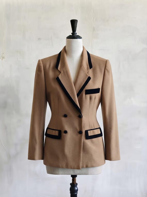 Guy Laroche, Vintage Guy Laroche Paris Camel Blazer, 80s Contrast Trim Hourglass Double Breasted Jacket, Made in Italy Equestrian Suit Coat FR 42