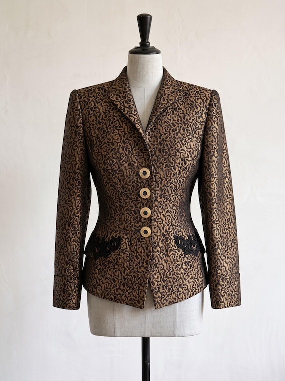 Guy Laroche, Vintage Guy Laroche Brocade Blazer, 80s Gold Metallic Jacquard Suit Jacket, Baroque Power Shoulder Evening Coat, Paris Runway Archive FR42