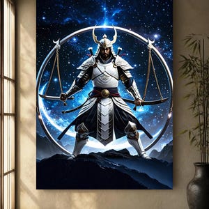 Libra Samurai Art Print | Silver Moon Samurai | Japanese Samurai Wall Art | Zodiac Samurai Poster | Instant Download