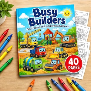 May include: A hardcover coloring book titled Busy Builders Construction Vehicle Coloring Adventures with a colorful illustration of cartoon construction vehicles on a playground, featuring a red badge stating 40 PAGES, surrounded by crayons.