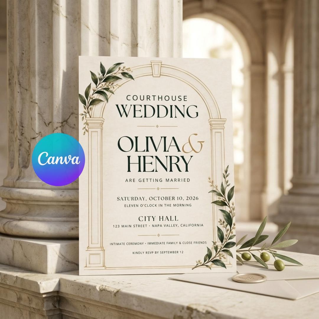 Courthouse Wedding Invitation, Editable Canva Template, Modern Civil Courthouse Wedding Invitation, Editable Canva Template, Modern Civil