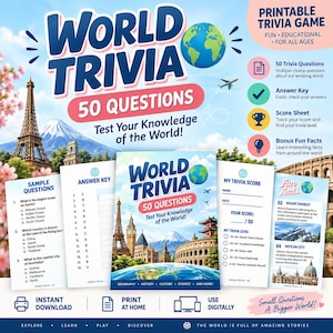 May include: A printable World Trivia game set featuring 50 multiple-choice questions, an answer key, a score sheet, and bonus fun facts. The design includes illustrations of the Eiffel Tower, Mount Fuji, and the Colosseum with blue text.