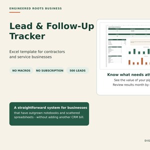 May include: A digital Lead & Follow-Up Tracker Excel template for contractors and service businesses. The graphic displays a dashboard with charts, text reading "No Macros, No Subscription, 500 Leads," and "Know what needs attention."