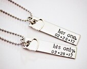 Her One, His Only - The Original - WITH DATE - Couples Jewelry - Hand Stamped Stainless Steel Necklace Set - Sterling Silver Heart Charm