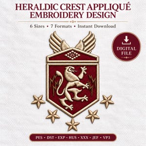 Motif de broderie machine héraldique, écusson appliqué, 6 tailles pour vestes et sacs
