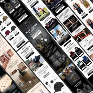 May include: A digital collage of multiple marketing email layouts featuring various products including wristwatches, athletic apparel, boxing gloves, and skincare items, all displayed with dark and light colour schemes and promotional text.