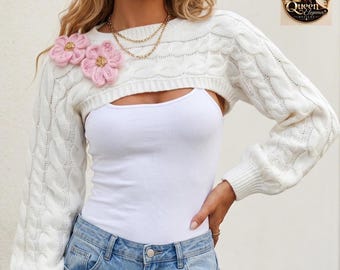 Trui met bloemenapplicaties en kabelbreiwerk, gebreide cover-up voor dames, elastische pullover met textuur, elegante wintertop met bloemenprint.