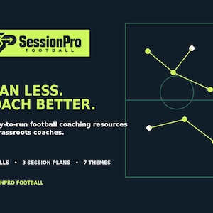 Op de afbeelding: Een donkerblauwe afbeelding met het SessionPro Football logo in limoengroen. De tekst luidt: PLAN LESS. COACH BETTER. Ready-to-run football coaching resources for grassroots coaches. 18 DRILLS, 3 SESSION PLANS, 7 THEMES. Een diagram toont een voetbalveld.