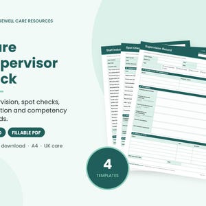 Op de afbeelding: Een Care Supervisor Pack met vier A4-sjablonen voor supervisie, spotchecks, introductie en competentiedossiers. De documenten zijn in donkergroen en wit, aangeduid als Word- en invulbare PDF-bestanden door Sagewell Care Resources.